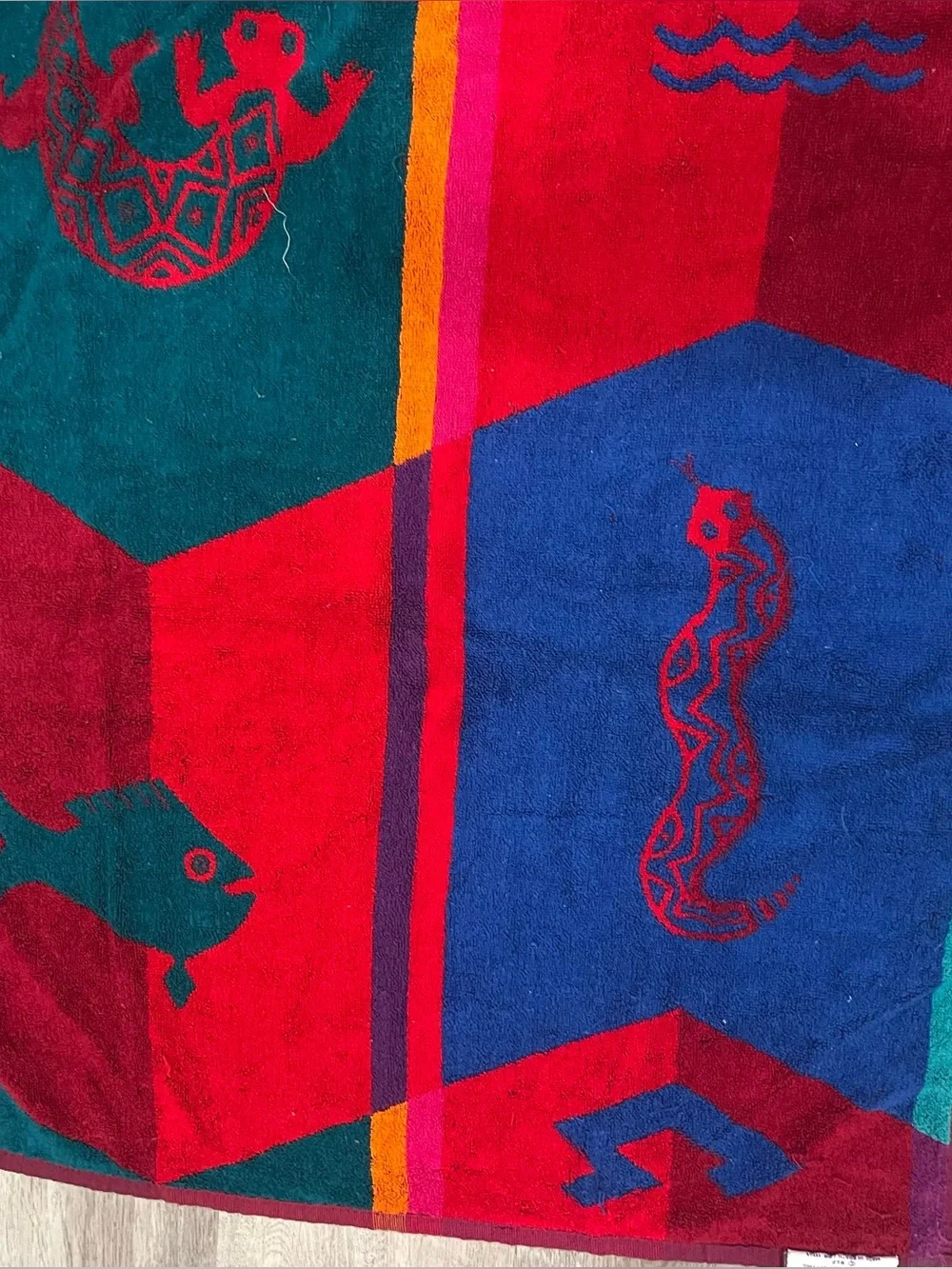 VTG Royal Terry Red Beach Towel Gecko Turtle Aztec Cotton 58x16